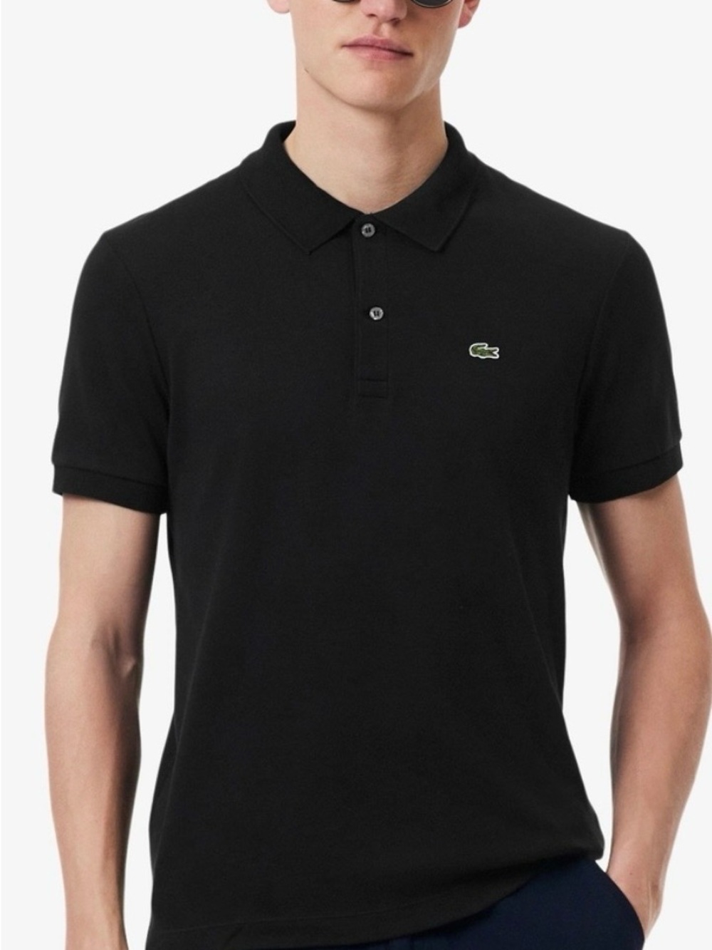 Lacoste Black Short-Sleeve Pique Polo with Green Crocodile Logo - size FR4/US M